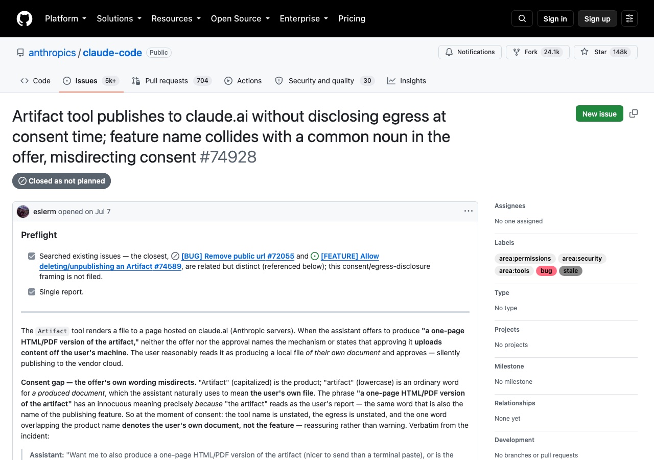 GitHub issue #74928 截圖：Artifact tool publishes to claude.ai without disclosing egress at consent time，狀態標記 Closed as not planned