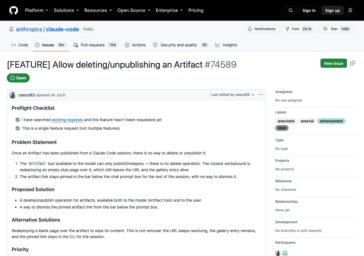 GitHub issue #74589 截圖：[FEATURE] Allow deleting/unpublishing an Artifact，狀態為 Open