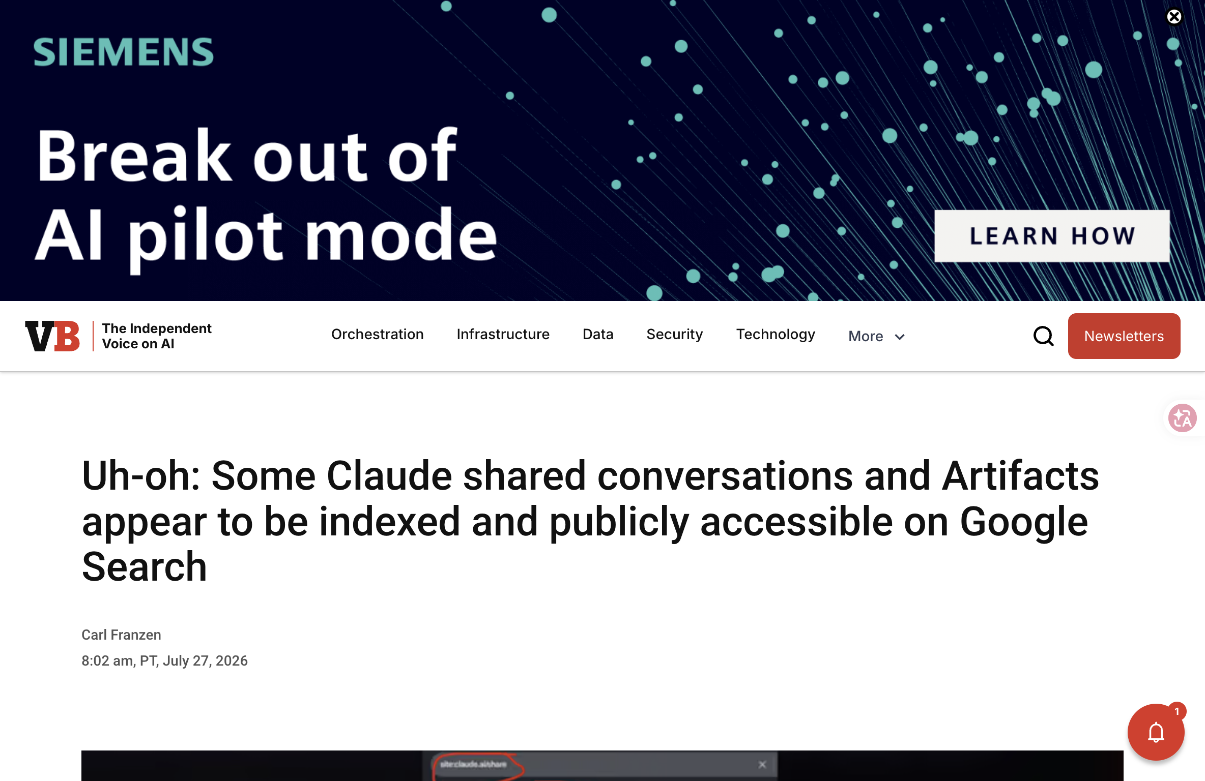 VentureBeat 報導截圖：Uh-oh: Some Claude shared conversations and Artifacts appear to be indexed and publicly accessible on Google Search