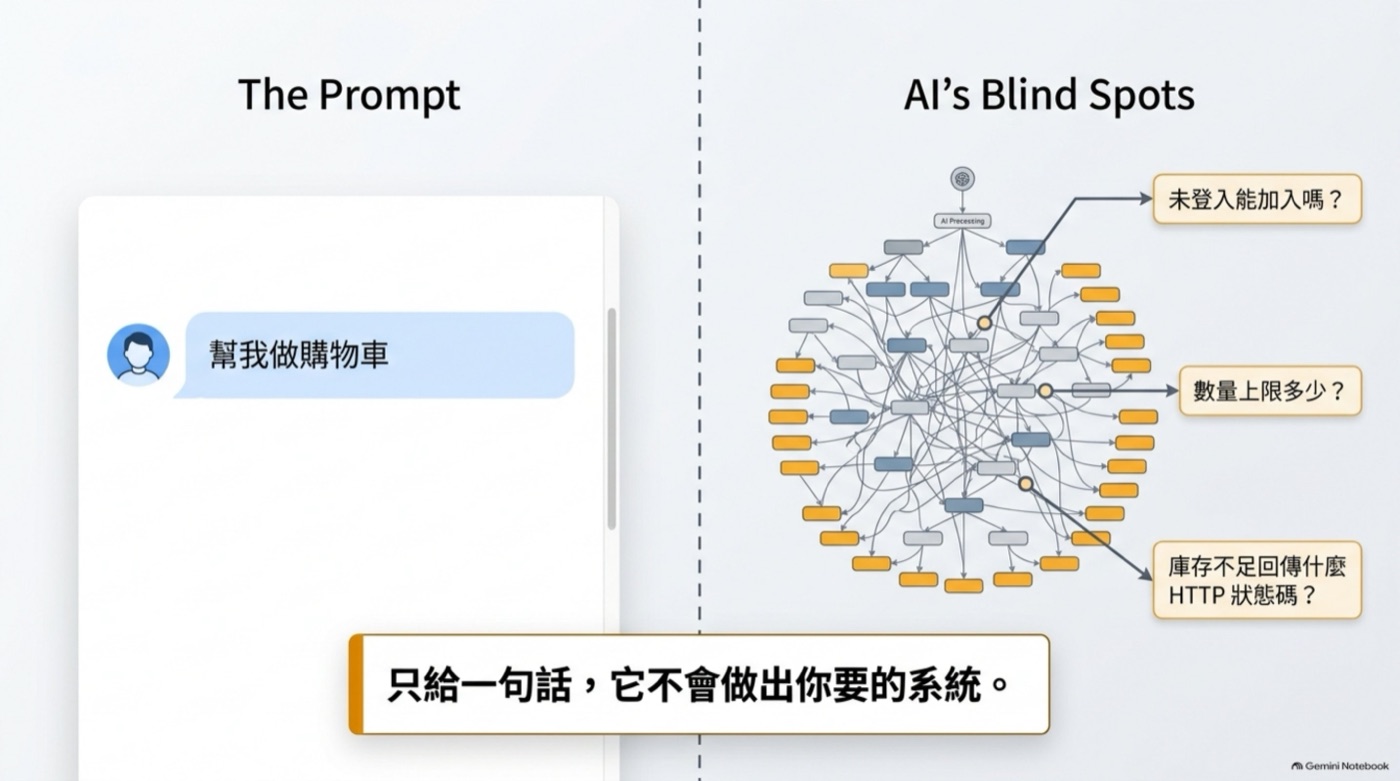 左邊是一句話的 Prompt 幫我做購物車，右邊是 AI 的盲點網狀圖與三個未決問題