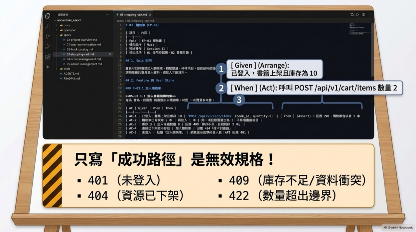 VS Code 裡的 03-shopping-cart.md 規格檔，標註 Given When Then 三段與五個錯誤狀態碼