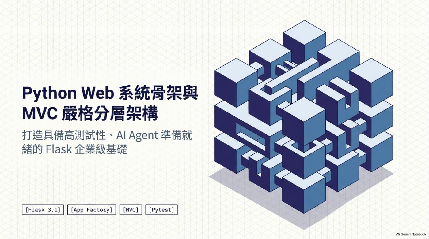 Session 03 標題頁，Python Web 系統骨架與 MVC 嚴格分層架構，四個標籤 Flask 3.1、App Factory、MVC、Pytest