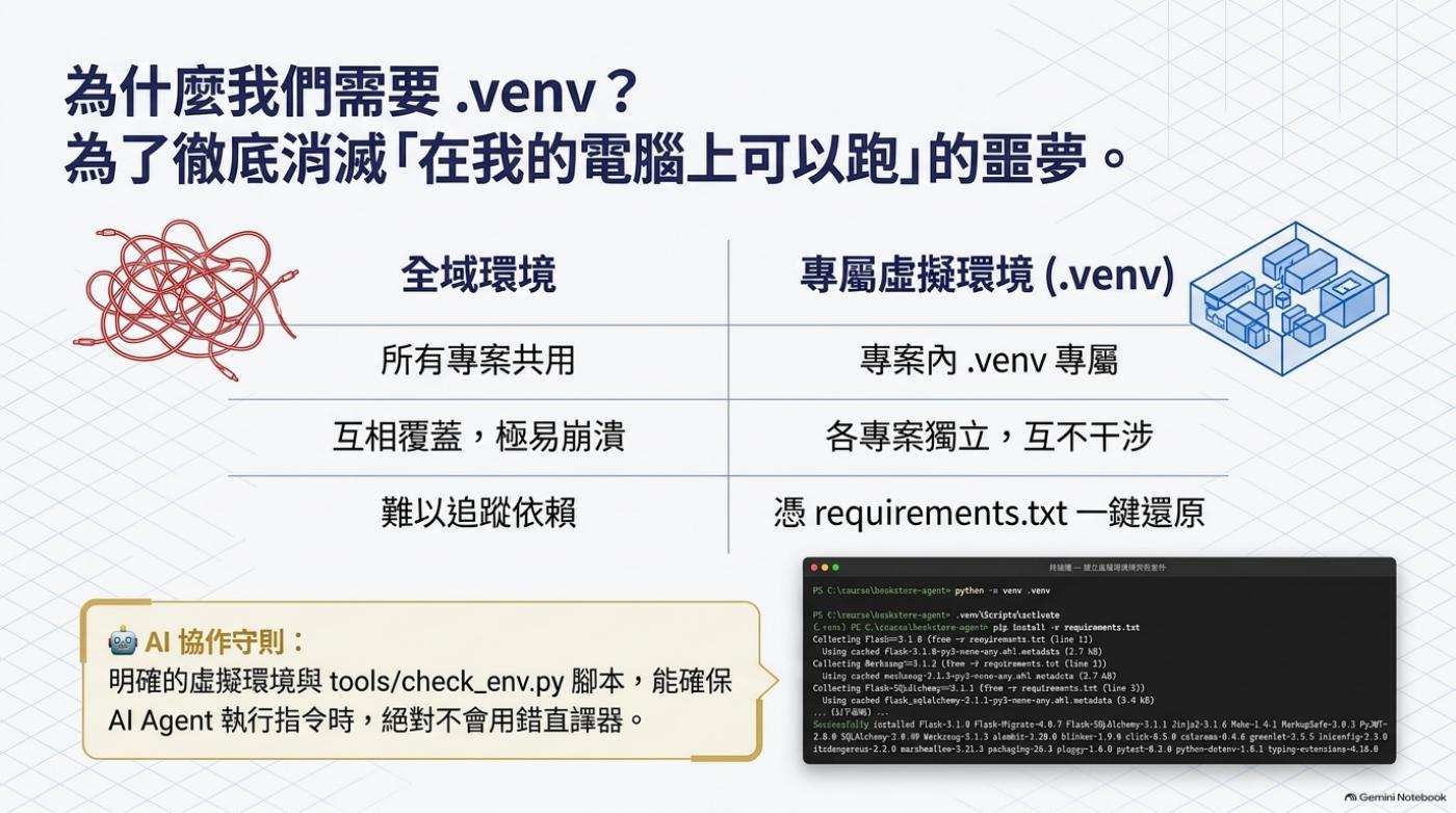 為什麼需要 .venv：全域環境與專屬虛擬環境對照表，加上終端機建立虛擬環境並安裝套件的截圖