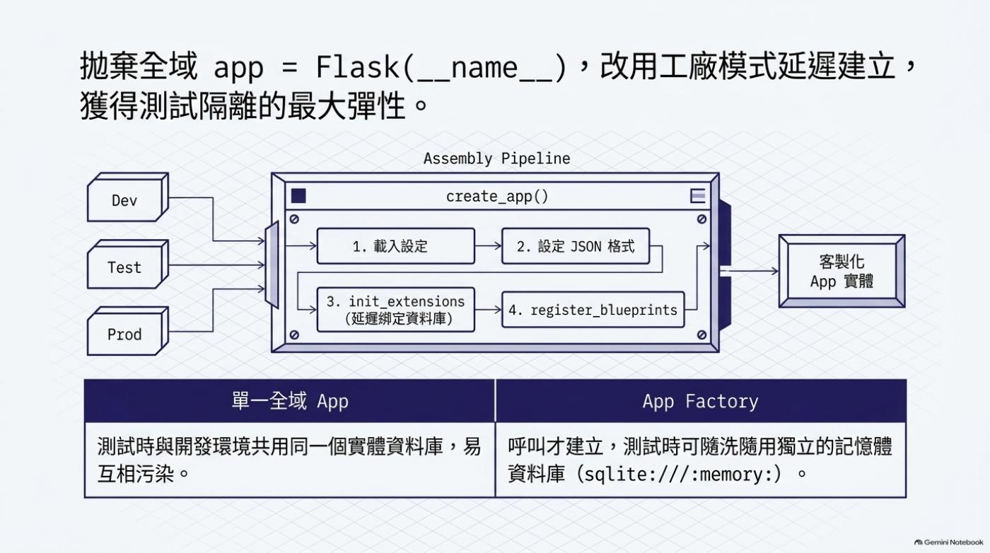 拋棄全域 app 改用工廠模式，Assembly Pipeline 圖示 Dev Test Prod 輸入 create_app 四個步驟輸出客製化 App 實體