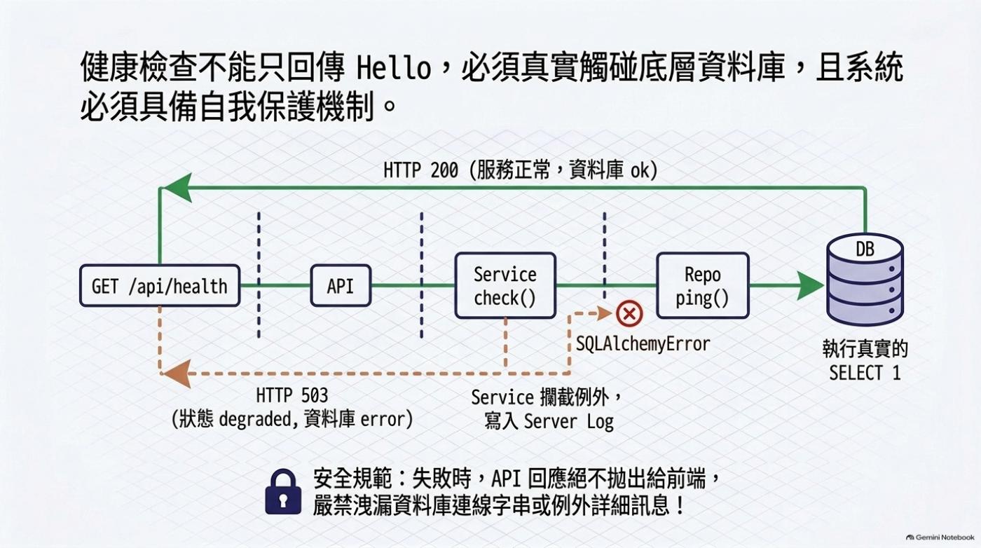 健康檢查請求流程圖，GET /api/health 經過 API、Service check、Repo ping 到資料庫，正常回 200 失敗回 503