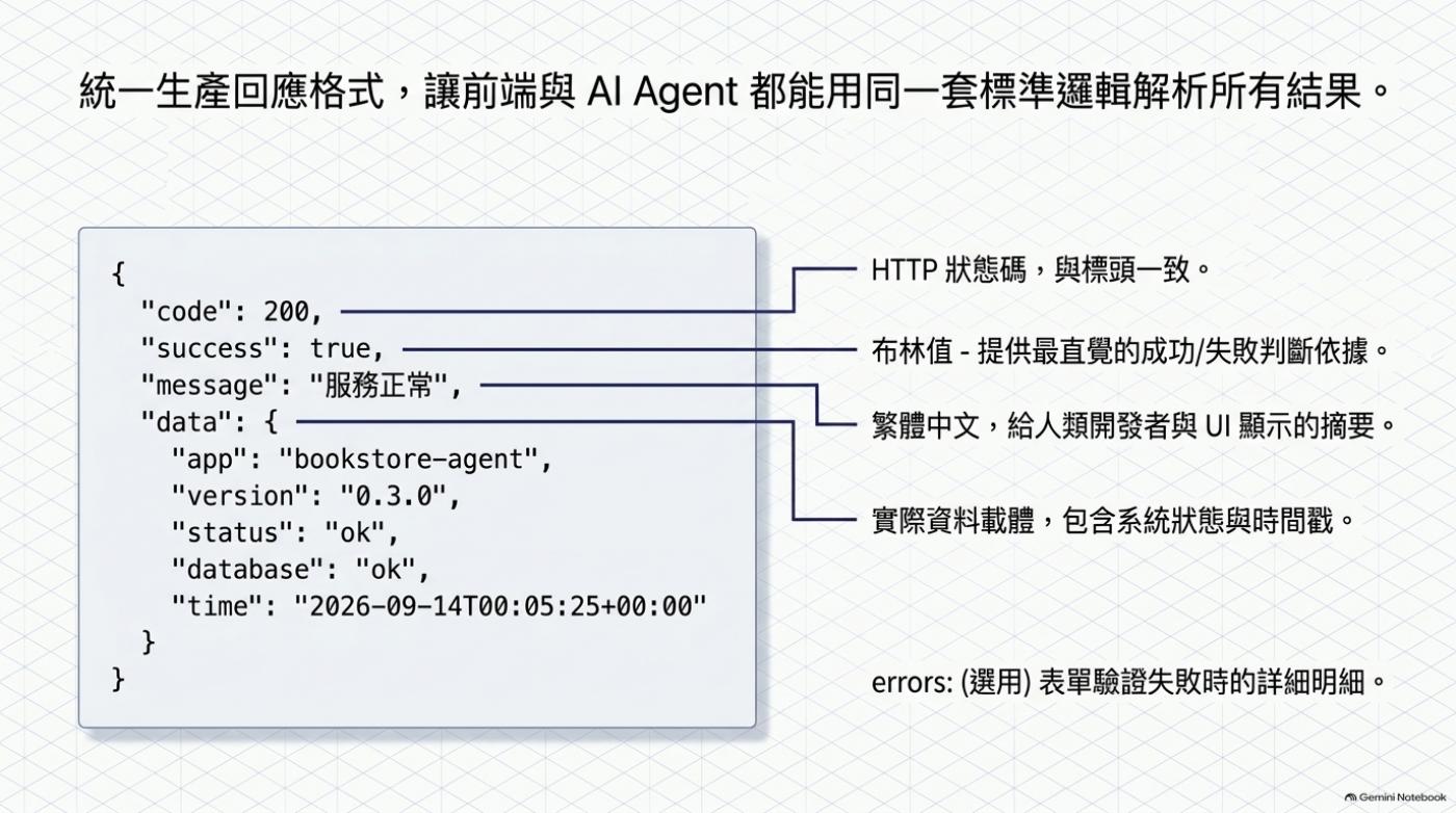 統一 API 回應格式 JSON 範例，code success message data errors 五個欄位各自的說明