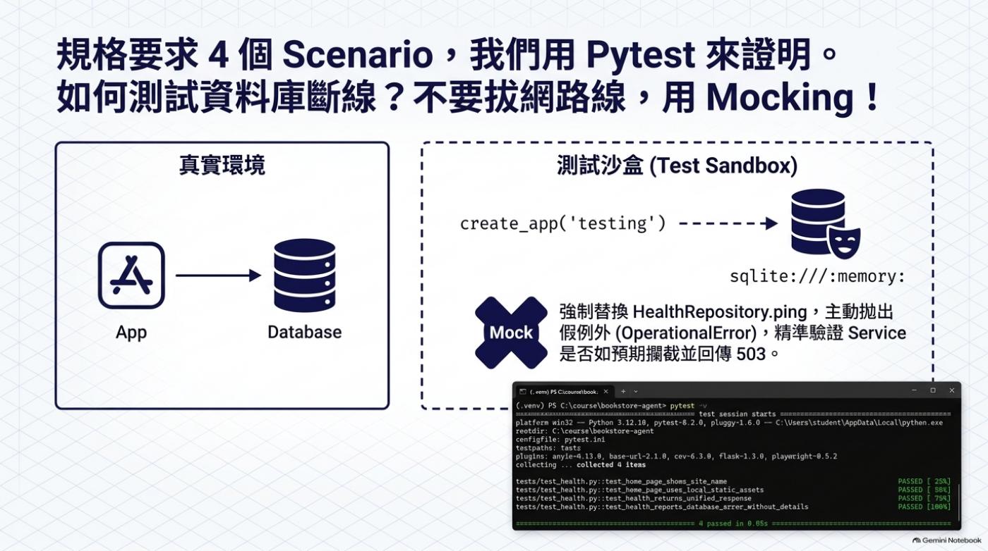規格要求 4 個 Scenario，用 Pytest 加 Mock 證明資料庫斷線情境，右下角終端機顯示 4 passed