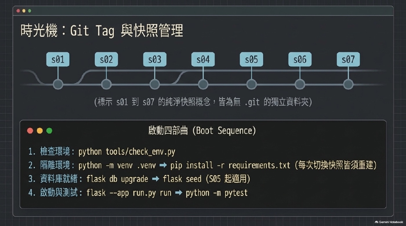 Git Tag 與快照管理時間軸，s01 到 s07 快照節點與啟動四部曲步驟