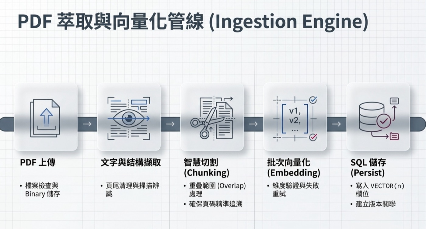 PDF 萃取與向量化管線 Ingestion Engine 五步驟圖