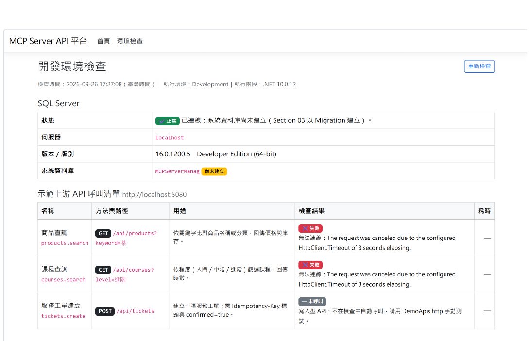 把示範 API 關掉之後重新檢查：SQL Server 那一塊仍然正常（兩項檢查互不影響），但兩支唯讀服務都變成紅色的「失敗」，訊息說明是連線逾時；服務工單那支仍然是「未呼叫」不受影響。
