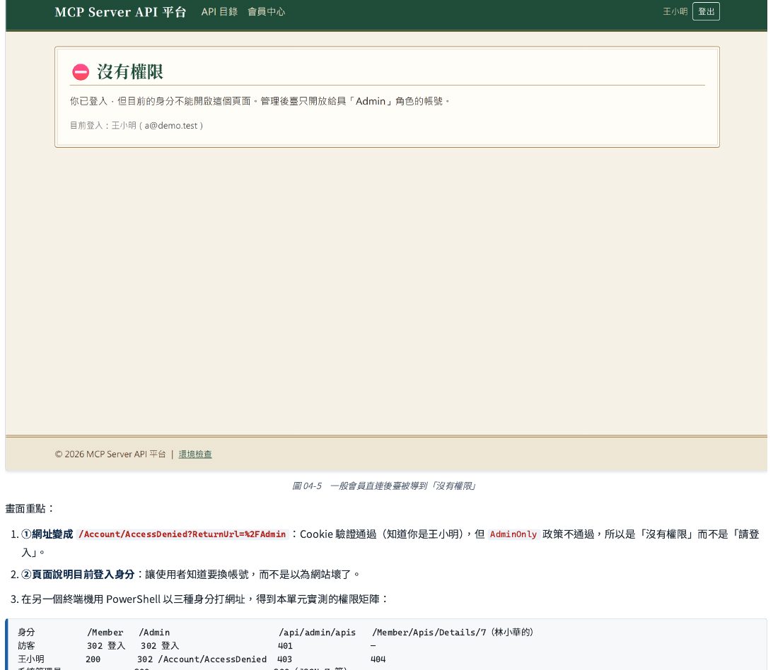 一般會員直接在網址列輸入後臺網址，被導向「沒有權限」的頁面：網址列可以看出是因為「權限政策不通過」被擋下（不是因為沒登入），頁面也清楚告訴使用者目前是用哪個身分登入的。