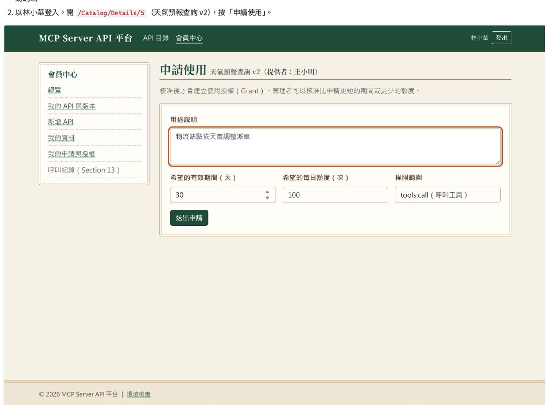 使用申請表單：標題旁清楚寫著要申請的是哪個版本、提供者是誰；用途說明至少要 10 字；期間跟額度有預設值、權限範圍固定只有一個選項；說明文字提醒「管理員可以核准比申請更短的期間或更少的額度」。