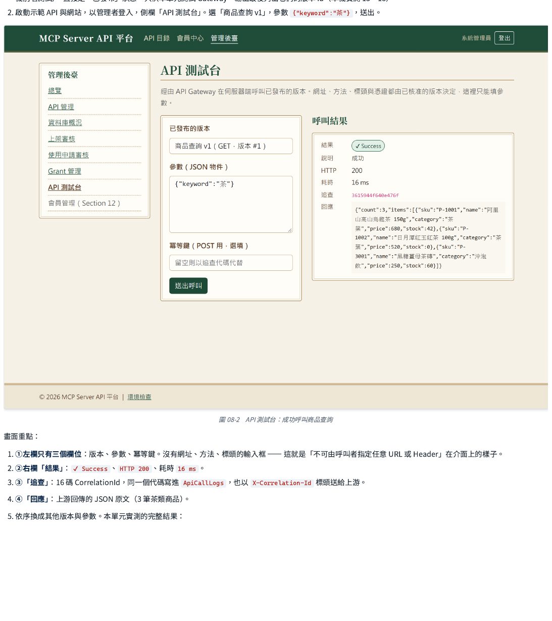 API 測試台成功呼叫商品查詢：左欄只有版本、參數、防重複鍵三個輸入欄位——完全沒有網址、方法、標頭的輸入框，這就是「呼叫者不能指定任意網址或標頭」在畫面上的具體樣子；右欄顯示結果、狀態碼、耗時、追查代碼與回應內容。