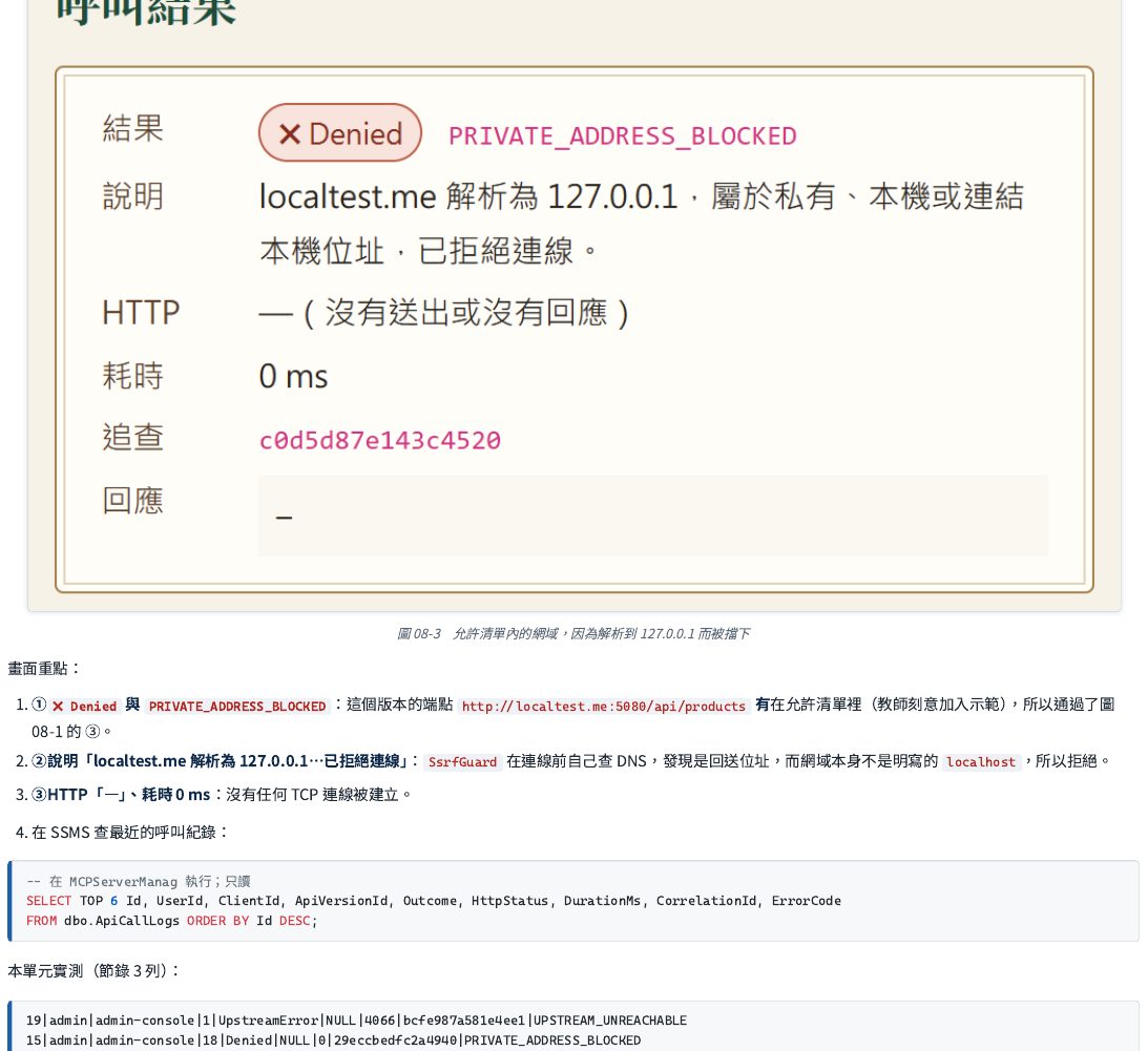 允許清單內的網域，因為連線當下解析成本機位址而被擋下：結果顯示「拒絕」跟明確的錯誤代碼；說明文字寫著這個網域解析成私有或本機位址、已拒絕連線；耗時是 0 毫秒，代表根本沒有任何連線被真正建立。