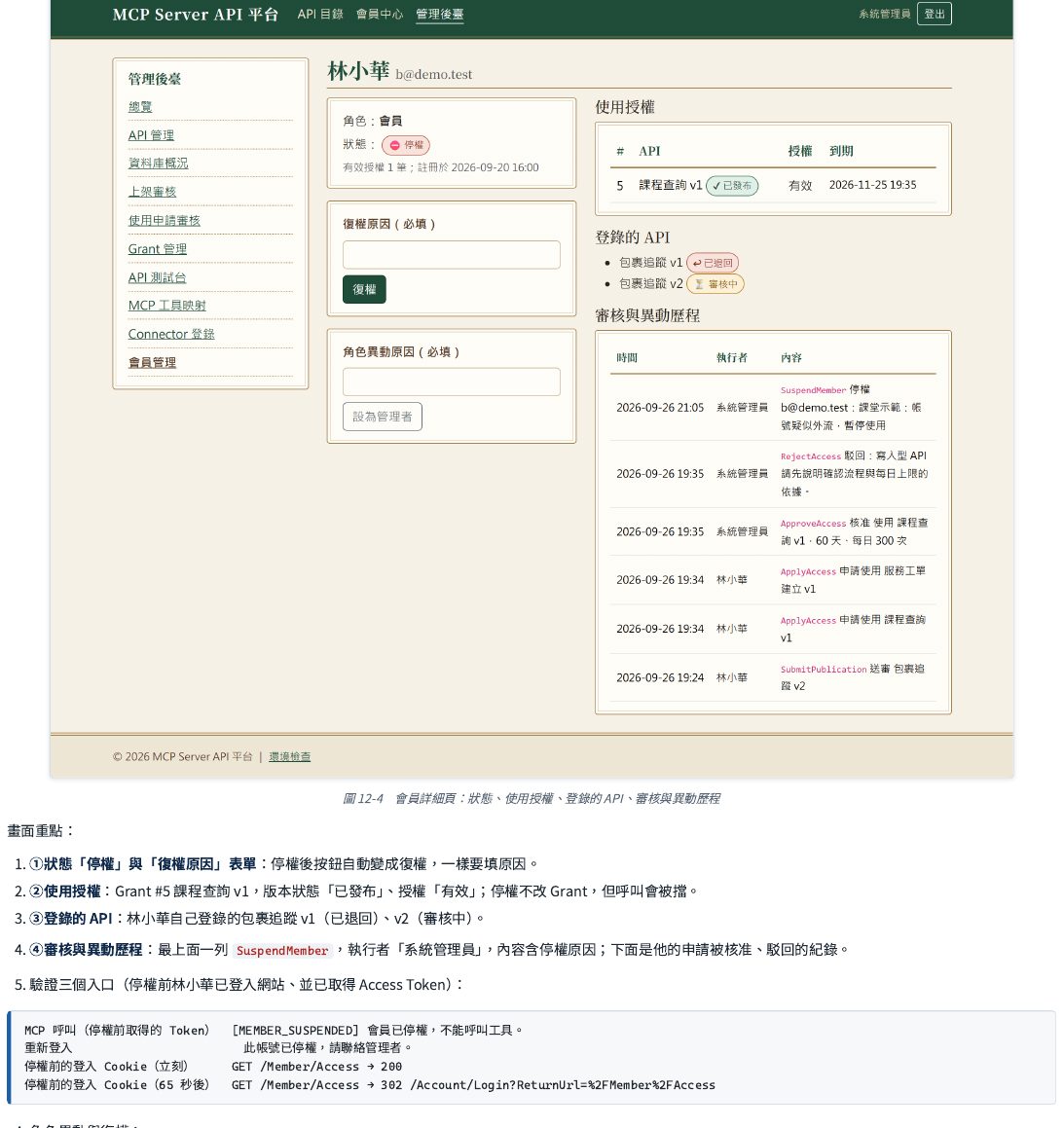 會員詳細頁：狀態欄旁有停權／復權表單（都要填原因）；使用授權區顯示這位會員目前持有的使用權跟對應版本狀態；登錄的服務區顯示這位會員自己登記的服務；審核與異動歷程把「他做的事」跟「別人對他做的事」合併依時間顯示。