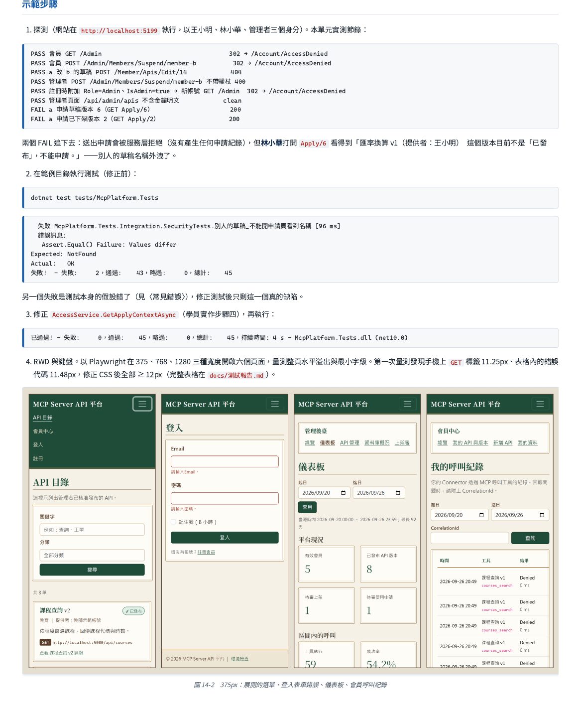 手機螢幕寬度下的四個畫面：展開的導覽選單上下排列、有清楚的焦點外框；空白送出的登入表單在欄位下方顯示中文錯誤訊息；儀表板的卡片自動改成兩張一列，日期欄位跟按鈕自動換行；會員呼叫紀錄表格欄位多，改成只在表格自己的框框內左右捲動，整個頁面本身仍然維持手機螢幕寬度、不會出現整頁橫向捲動。