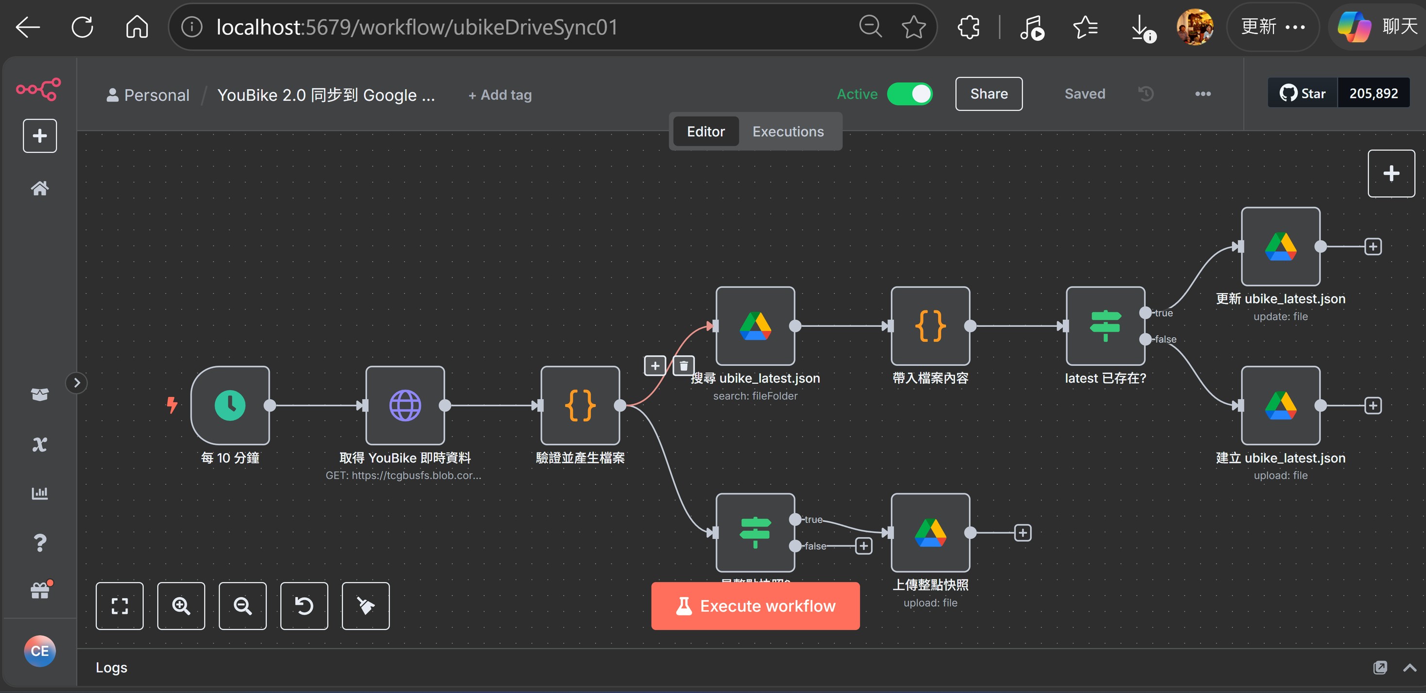 n8n 編輯器畫面：YouBike 2.0 同步到 Google Drive 工作流