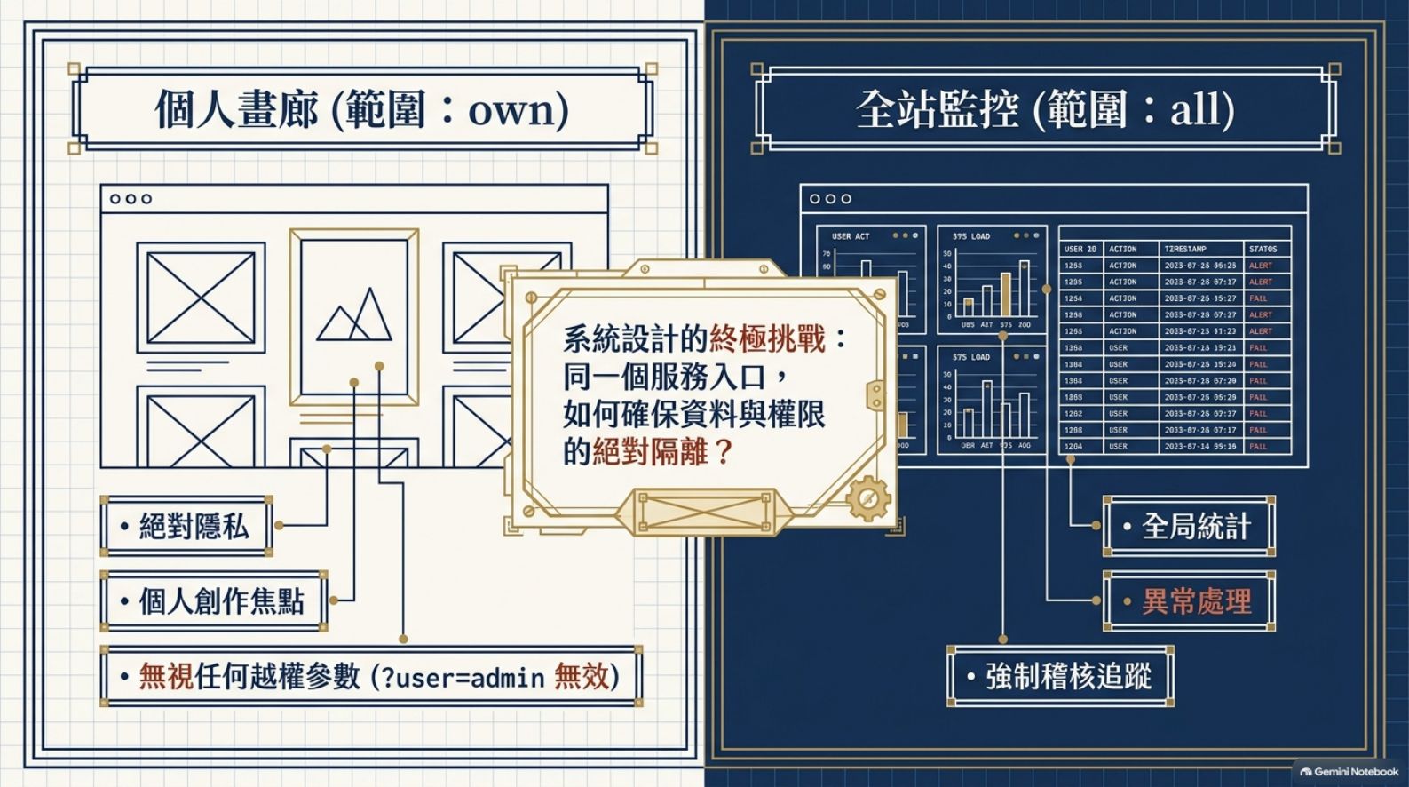 個人畫廊（範圍 own）與全站監控（範圍 all）對照