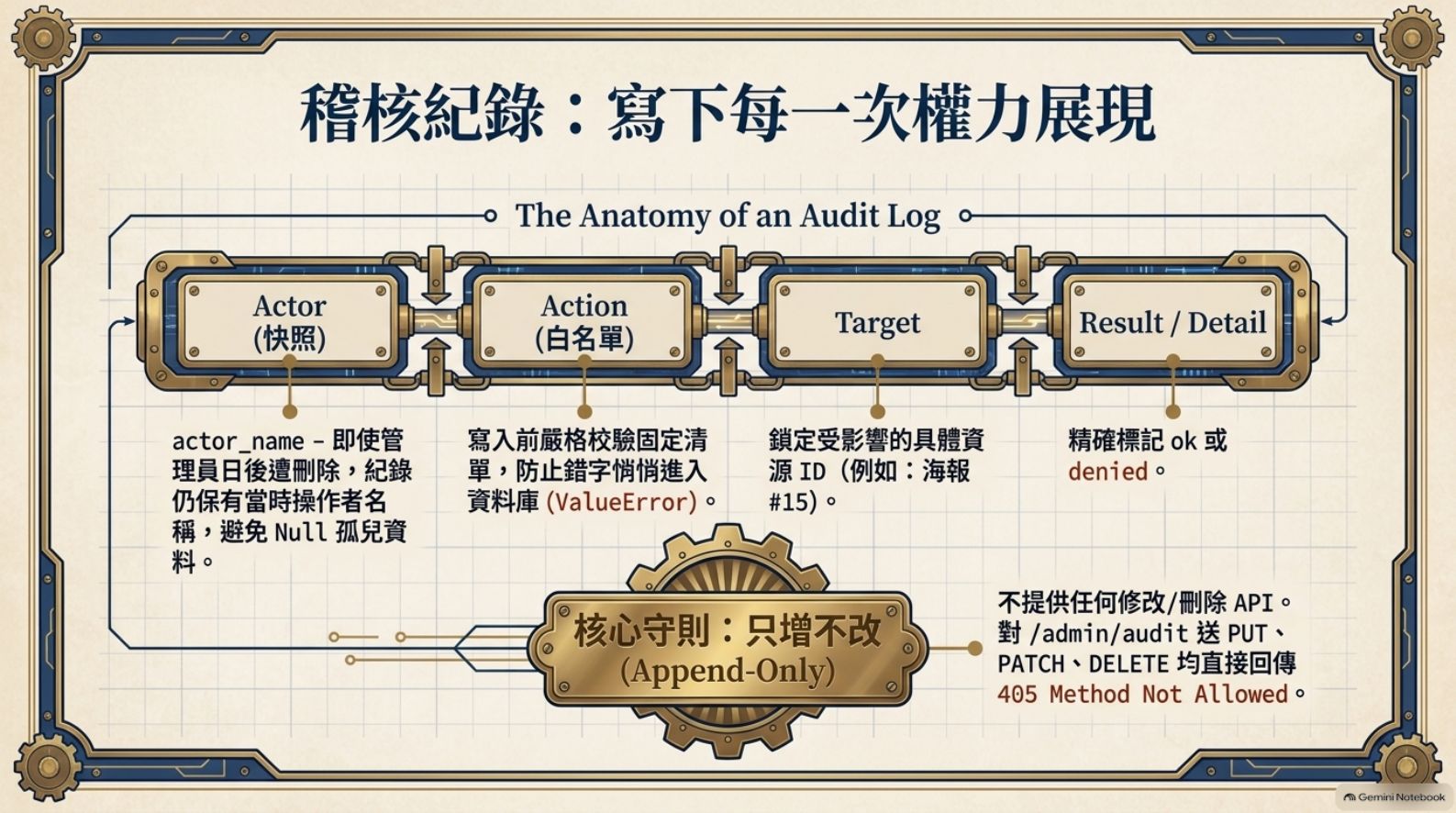 稽核紀錄：Actor、Action、Target、Result 四欄與只增不改守則