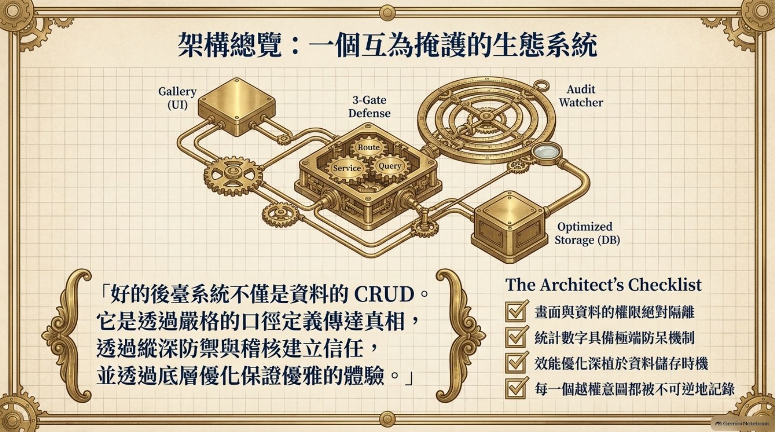 架構總覽：Gallery、3-Gate Defense、Audit Watcher、Optimized Storage 與架構師檢查表
