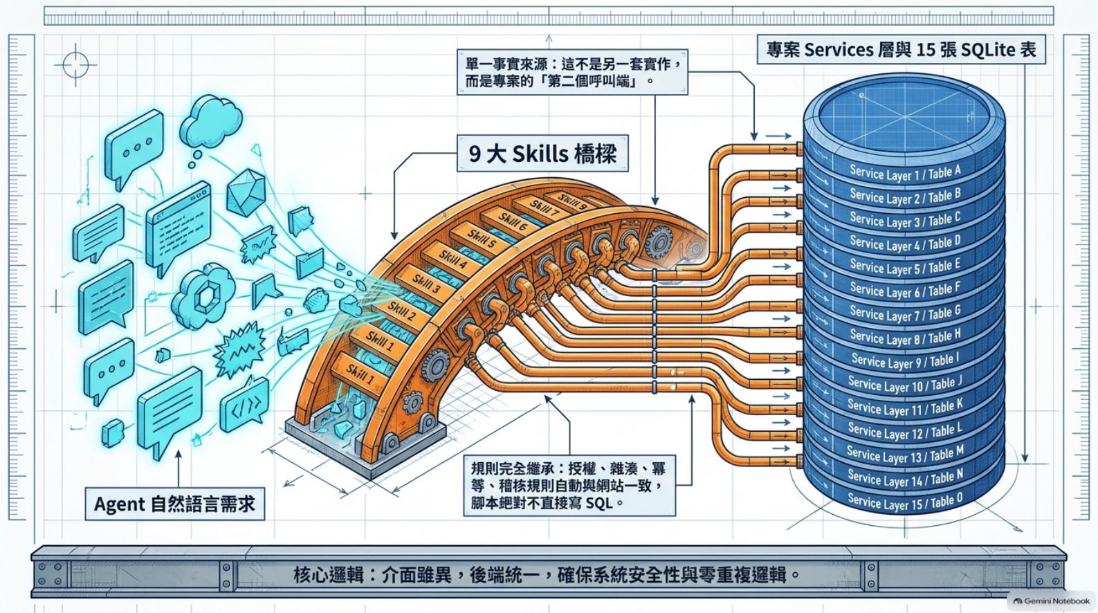 9 大 Skills 橋樑連接 Agent 自然語言需求與專案 Services 層