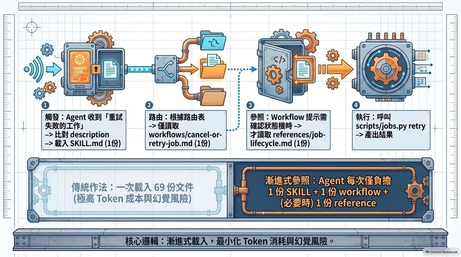 漸進式參照：觸發、路由、參照、執行四步驟