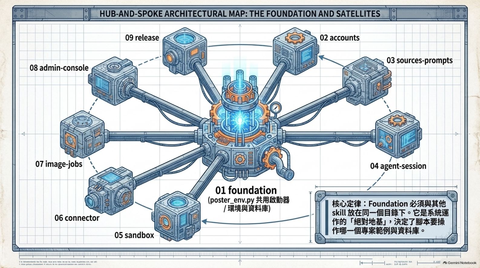 Hub-and-Spoke 架構圖：01 foundation 與其他八個 skill
