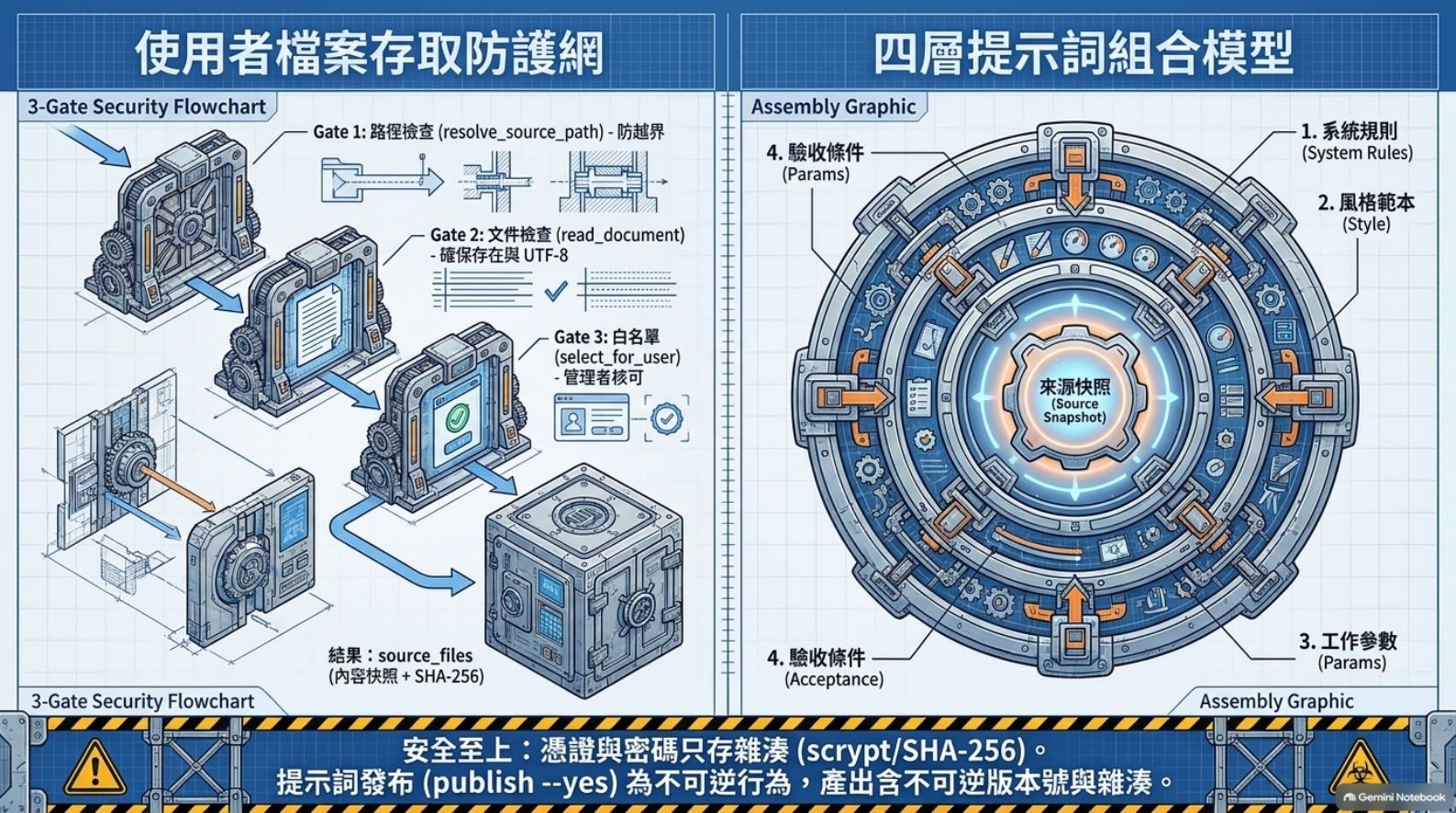 使用者檔案存取防護網三道關卡與四層提示詞組合模型