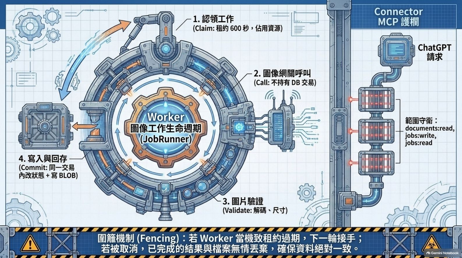 Worker 圖像工作生命週期 JobRunner 四步驟與 Connector MCP 護欄