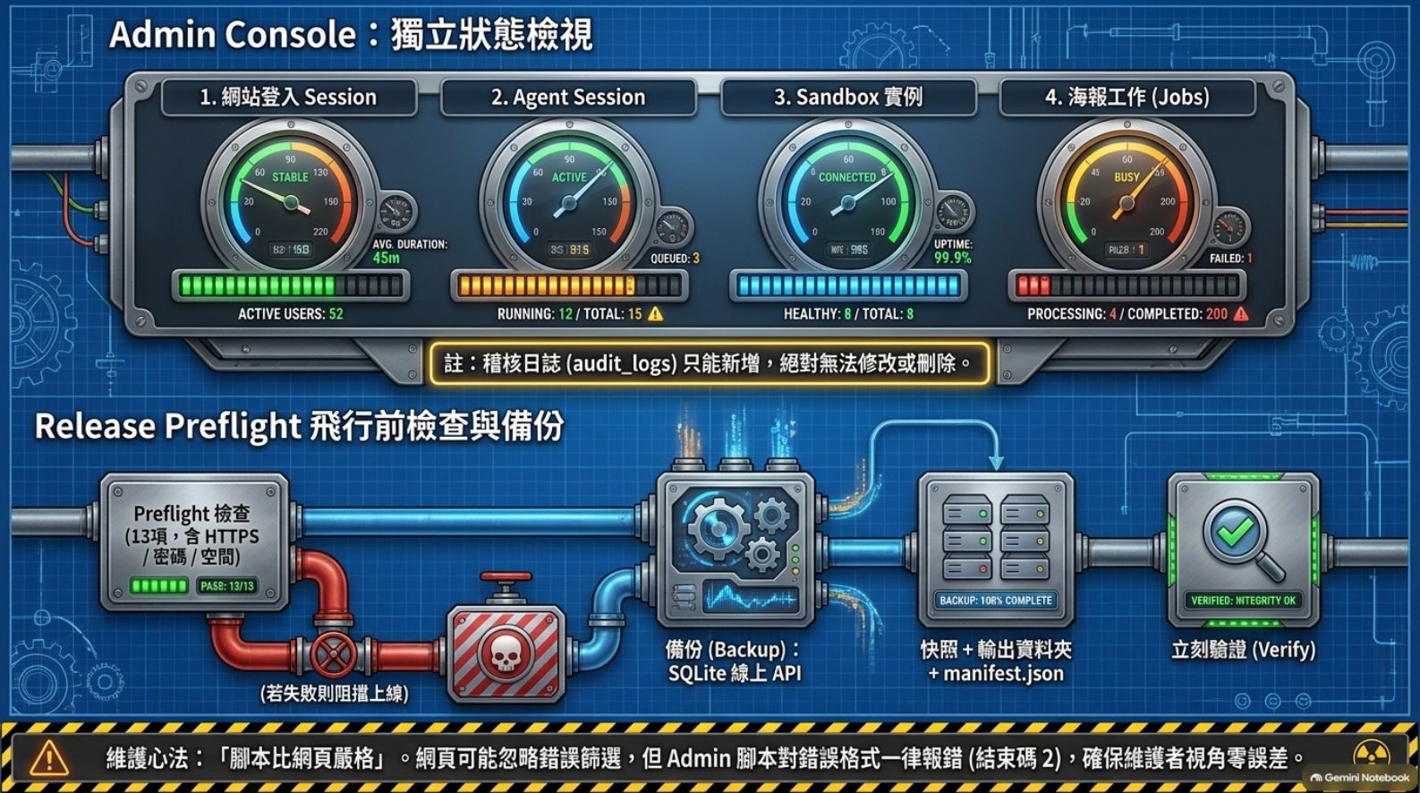 Admin Console 獨立狀態檢視與 Release Preflight 飛行前檢查與備份
