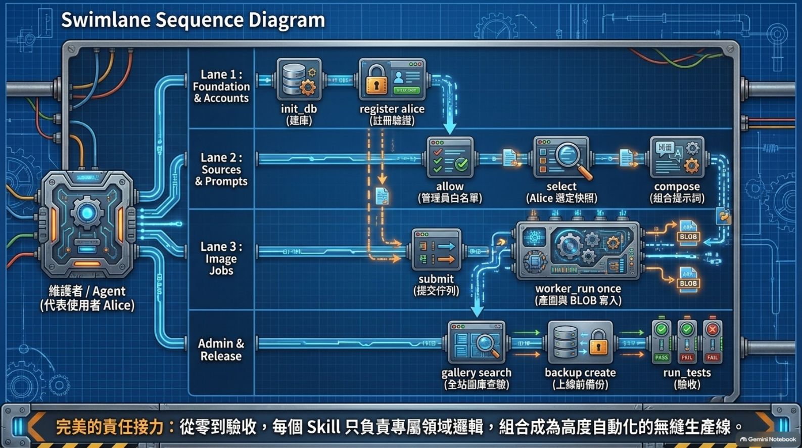 Swimlane Sequence Diagram 四條泳道