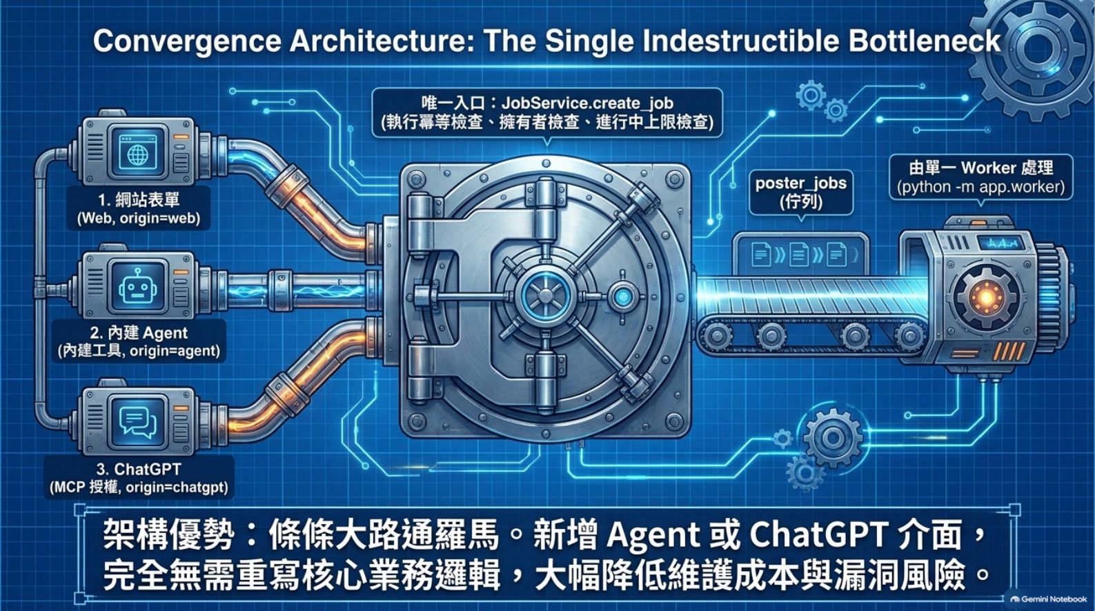 收斂架構：網站表單、內建 Agent、ChatGPT 三種來源經唯一入口 JobService.create_job 進入佇列