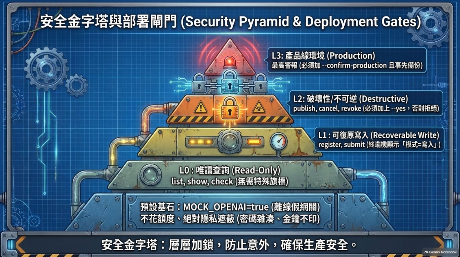 安全金字塔與部署閘門：L0 到 L3 與預設 MOCK_OPENAI