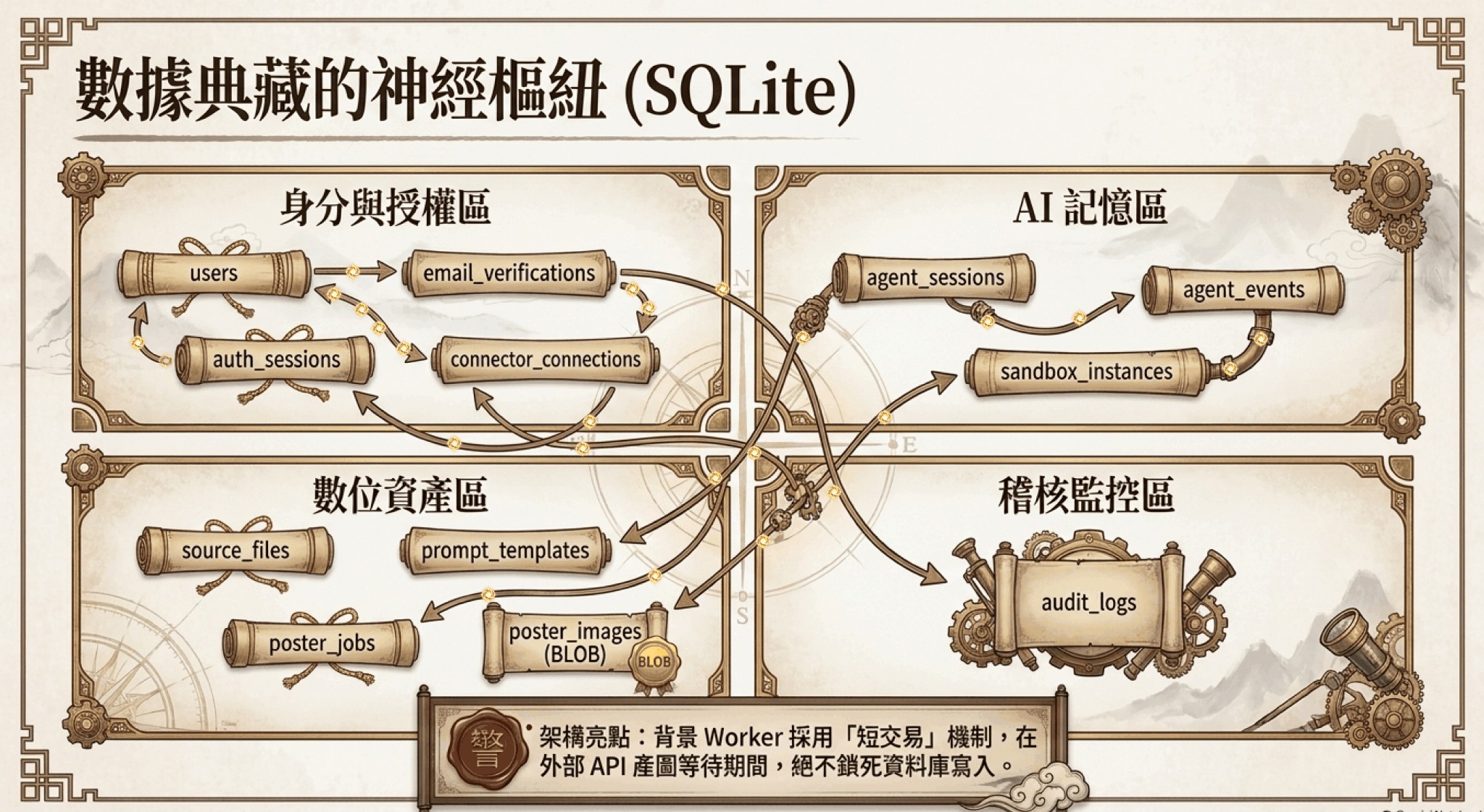 數據典藏的神經樞紐 SQLite：身分與授權區、AI 記憶區、數位資產區、稽核監控區