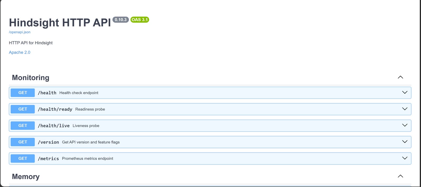 Hindsight HTTP API 0.10.3 的 Swagger 文件頁，列出 Monitoring 與 Memory 區段的端點