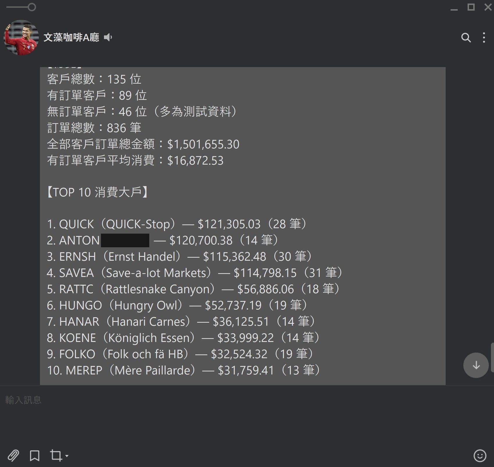 LINE 對話：匯總總覽數字與 TOP 10 消費大戶
