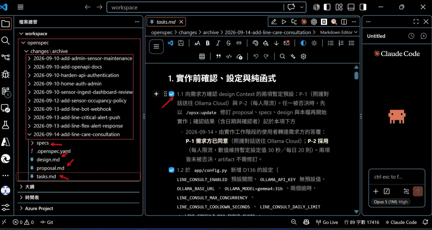 VS Code 內 openspec 變更歸檔清單，LINE care consultation 提案
