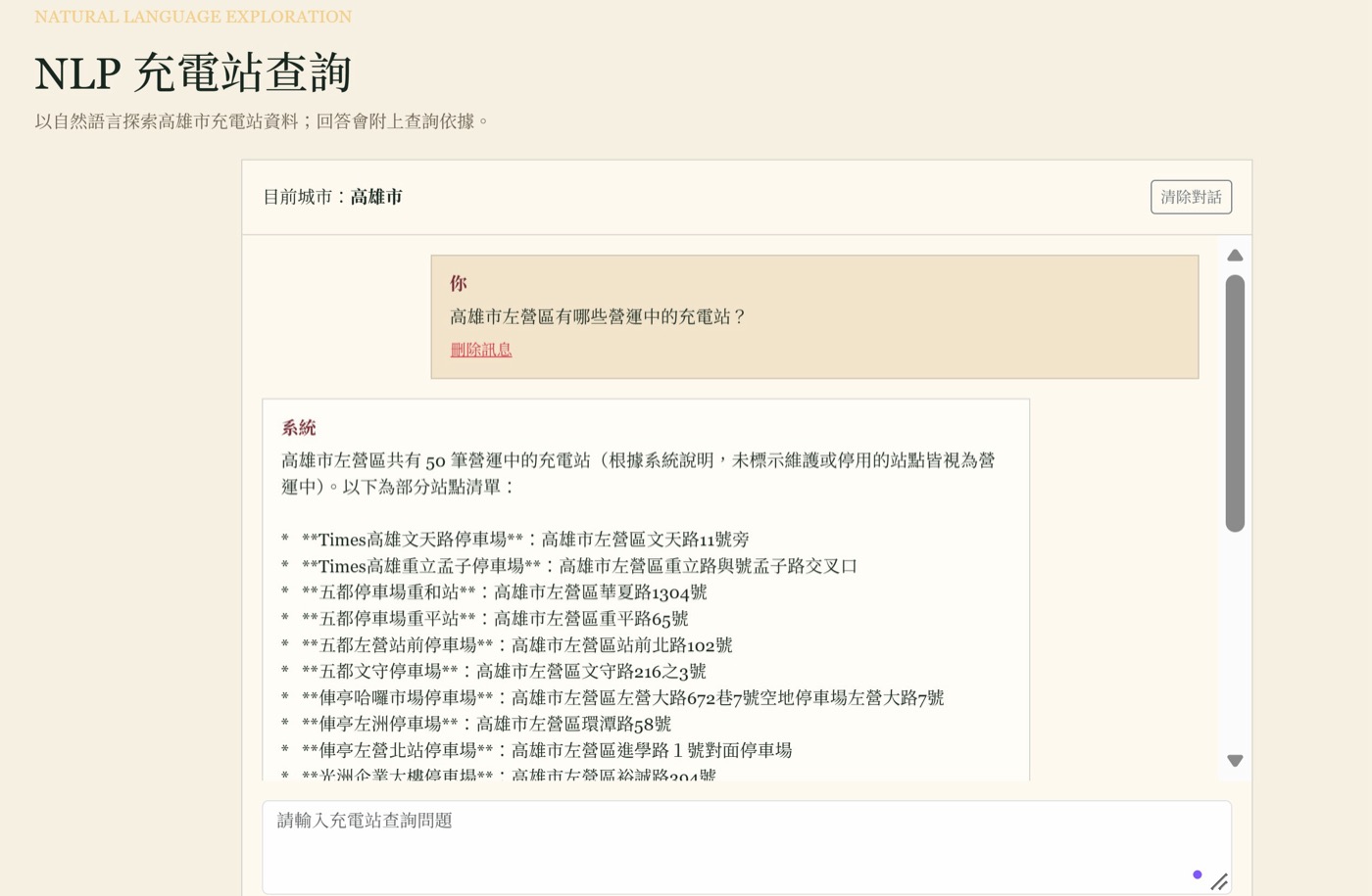 NLP 充電站查詢介面，查詢高雄市左營區充電站回傳50筆結果