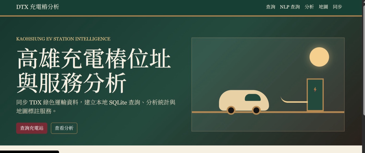 DTX 充電樁分析首頁，高雄充電樁位址與服務分析
