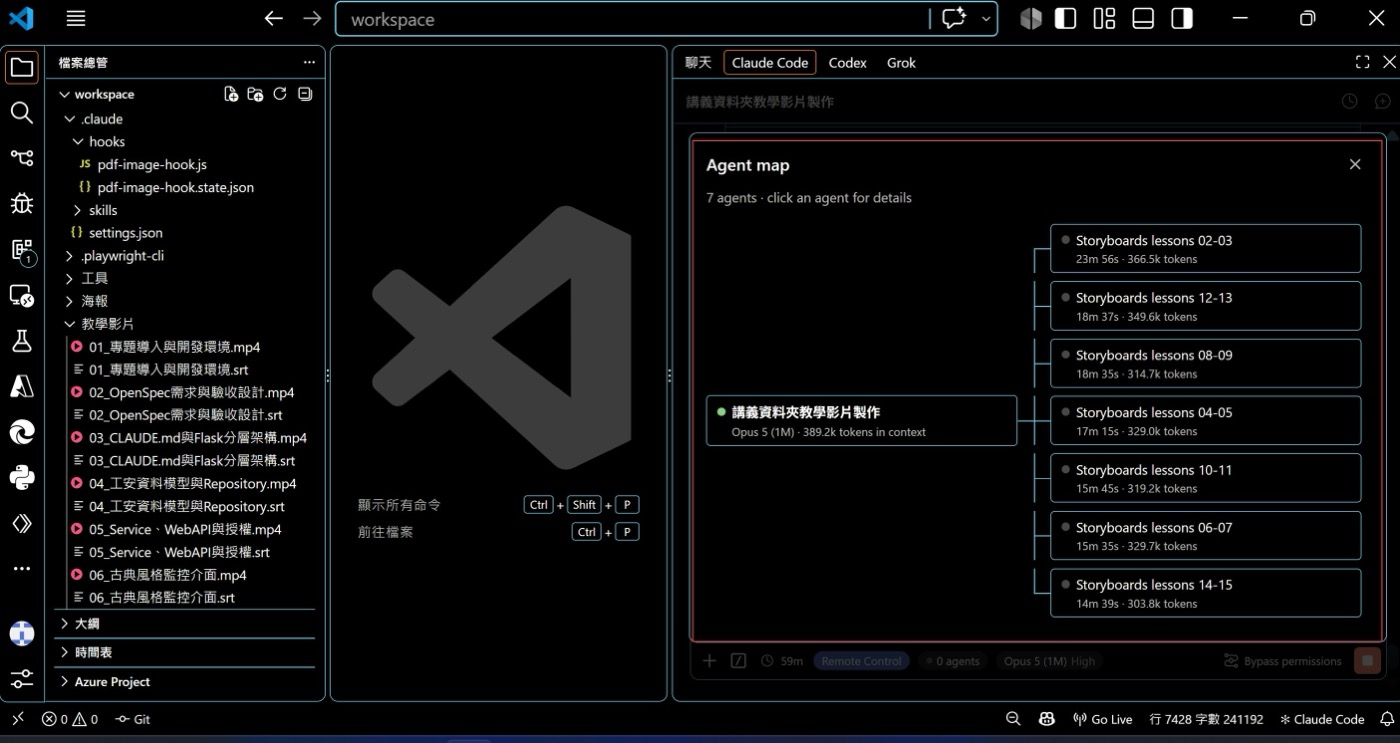 Claude Code Agent map，7個並行agent製作教學影片storyboard進度
