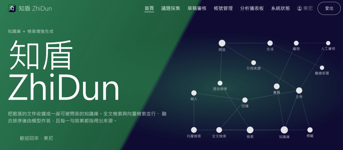 知盾ZhiDun 首頁，知識庫加檢索增強生成