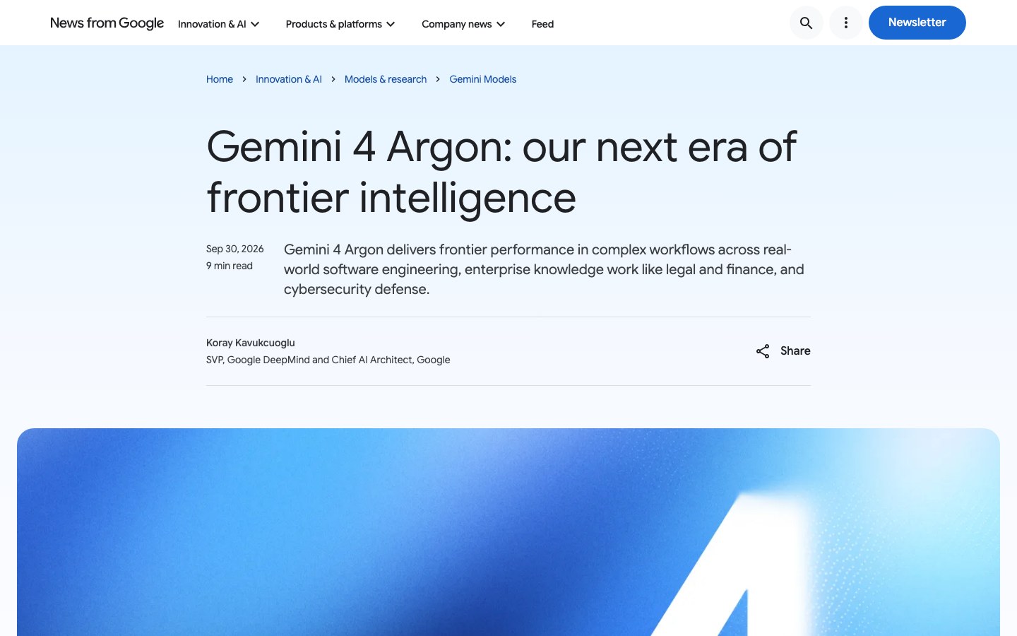 Google 官方部落格頁面首屏：標題 Gemini 4 Argon: our next era of frontier intelligence，署名 Koray Kavukcuoglu，下方是藍色漸層的宣傳圖