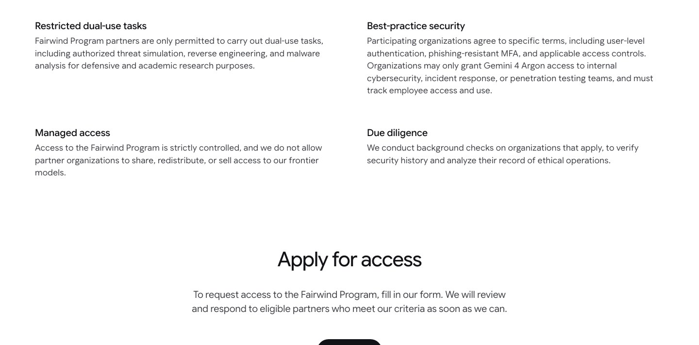 DeepMind 的 Fairwind 計畫頁面：Governance and trust 區塊，列出受限的雙用途任務、最佳實務安全、受控的存取與盡職調查四項規定，下方是 Apply for access 的申請說明