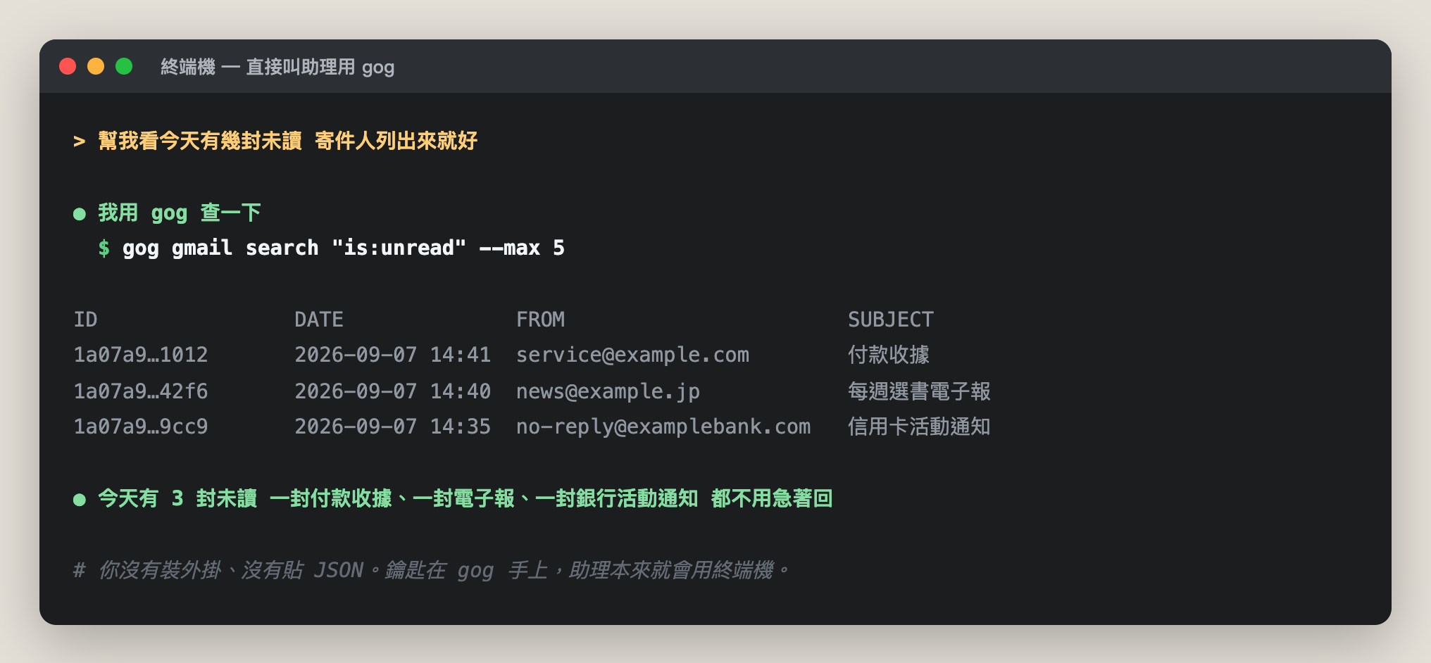 終端機裡跟助理對話，助理自己去下 gog gmail search 指令