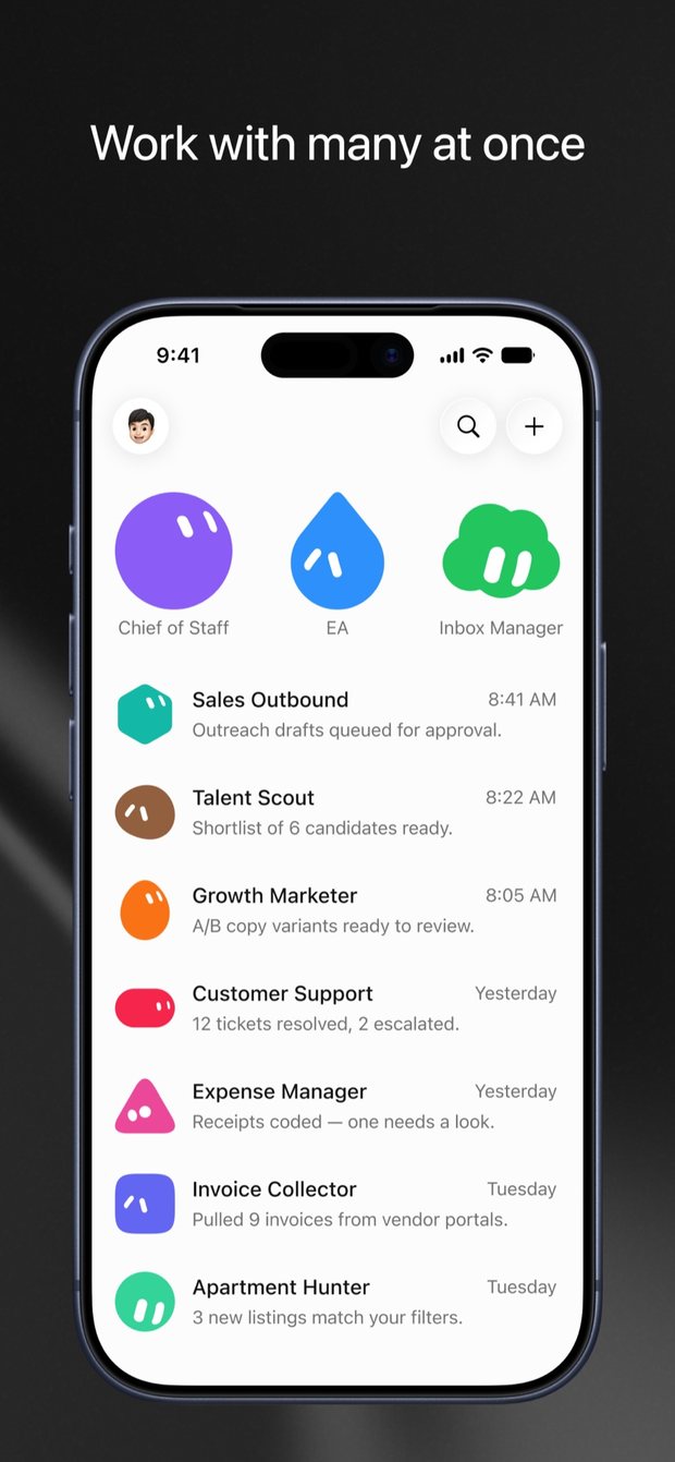 App Store 截圖:Grok Bot 的 Bot 名單,上排是 Chief of Staff、EA、Inbox Manager,下方依序列出 Sales Outbound、Talent Scout、Growth Marketer 等 Bot 與各自最新的回報