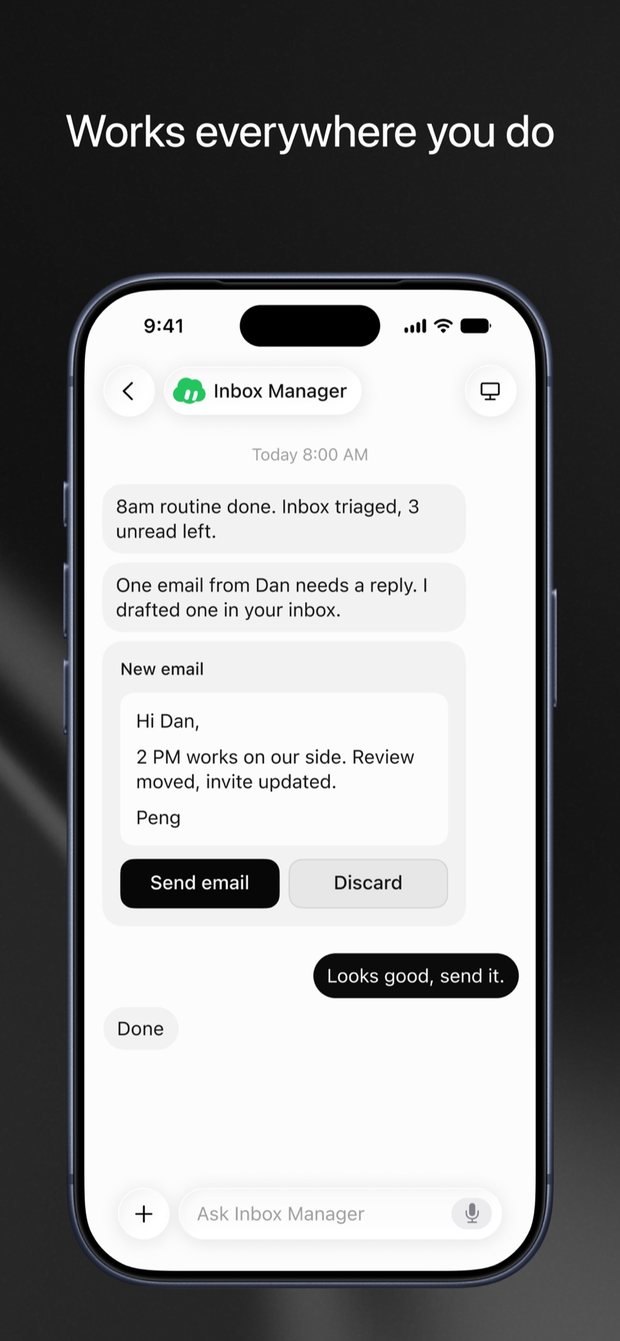 App Store 截圖:Inbox Manager 回報信箱已整理完畢,替一封信擬好回覆,下方有「Send email」與「Discard」兩個按鈕
