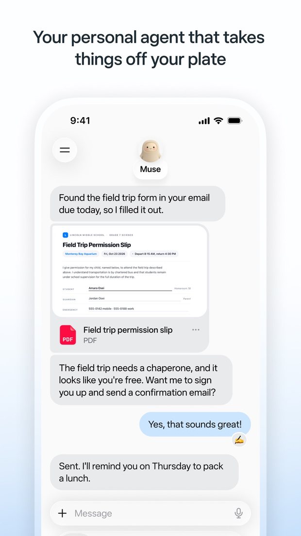 App Store 截圖:Muse 在信箱找到學校的校外教學同意書並填好,詢問使用者要不要簽名、寄出確認信,使用者回覆同意後 Muse 說已寄出