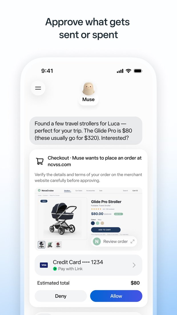App Store 截圖:Muse 要在購物網站下單前,跳出結帳核准卡片