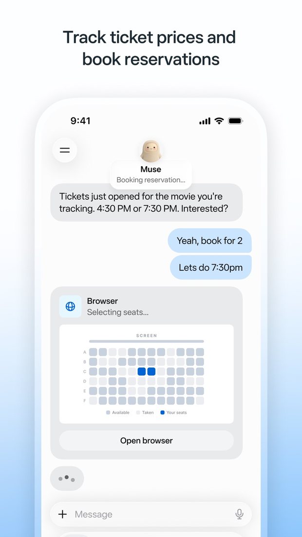 App Store 截圖:Muse 通知追蹤中的電影開賣,使用者說訂兩張、選 7:30,畫面顯示瀏覽器正在選座位