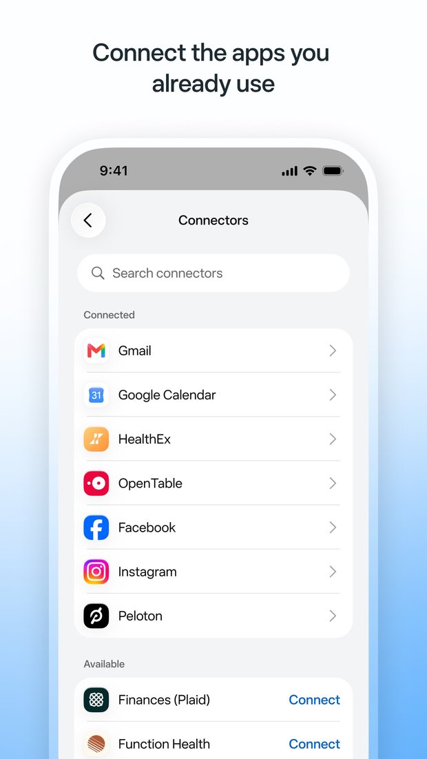 App Store 截圖:Muse 的連接器清單,列出 Gmail、Google 日曆、OpenTable、Facebook 等服務